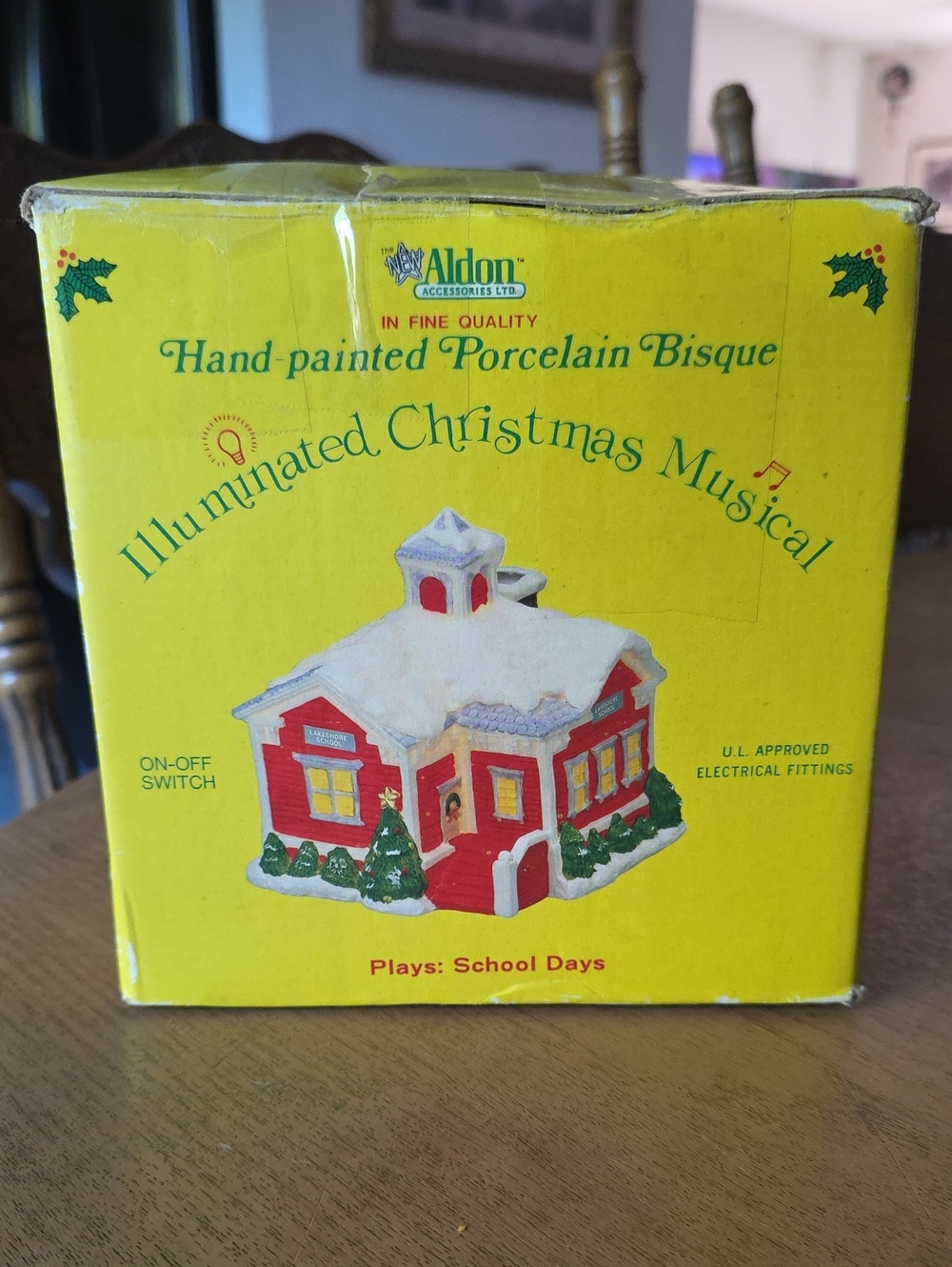 Aldon Hand-Painted Porcelain Bisque Illuminated Red Christmas Schoolhouse